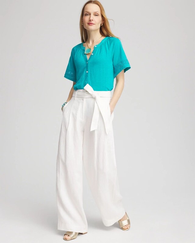 Linen Lace-Cutwork Sleeve Henley Tee - image 2